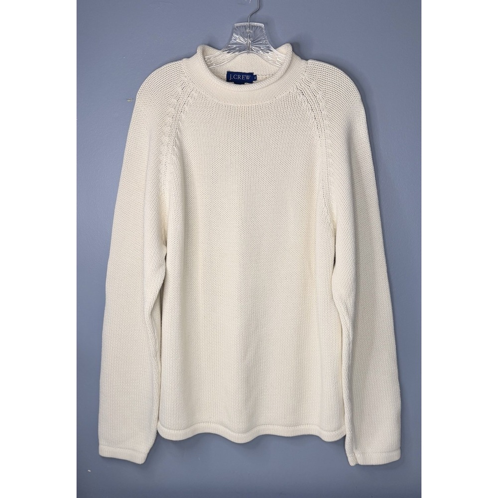Vintage 90s J Crew RollNeck Sweater Women XL Ivory Cream 100% Cotton Chunky Knit
